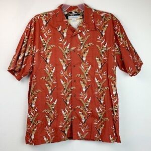 QuickSilver comfort fit cotton aloha tropical feather print Hawaiian shirt EUC